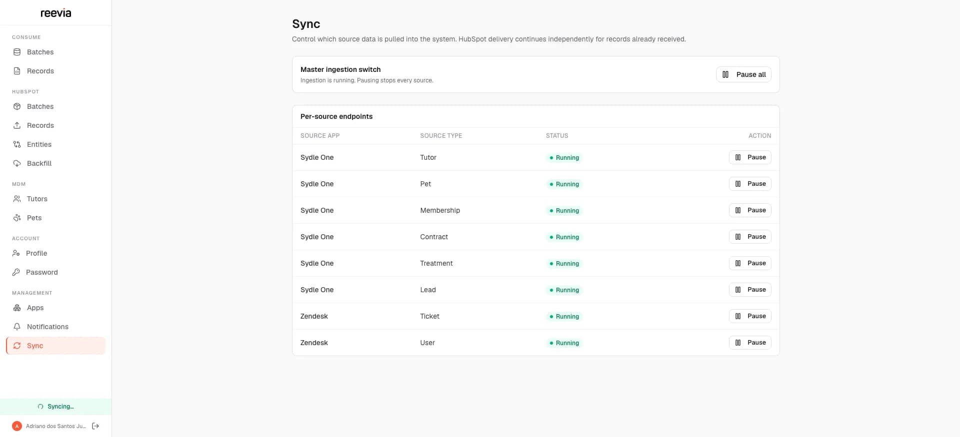 The Reevia sync view