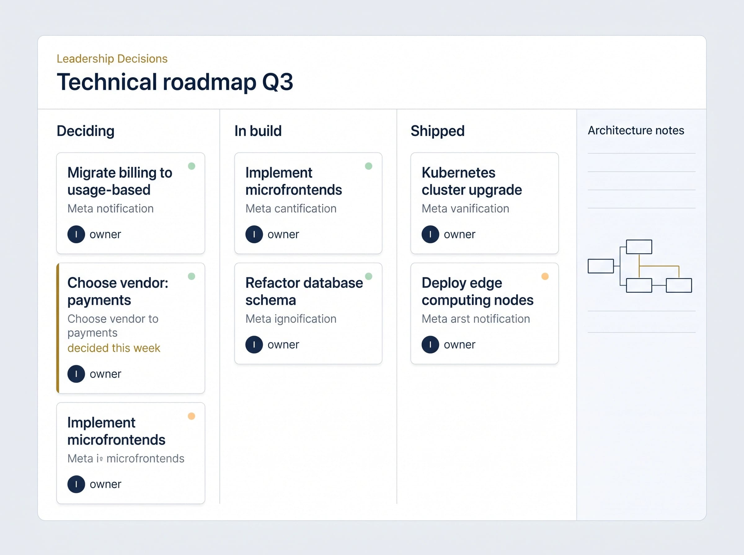 A technical roadmap board with decisions in writing