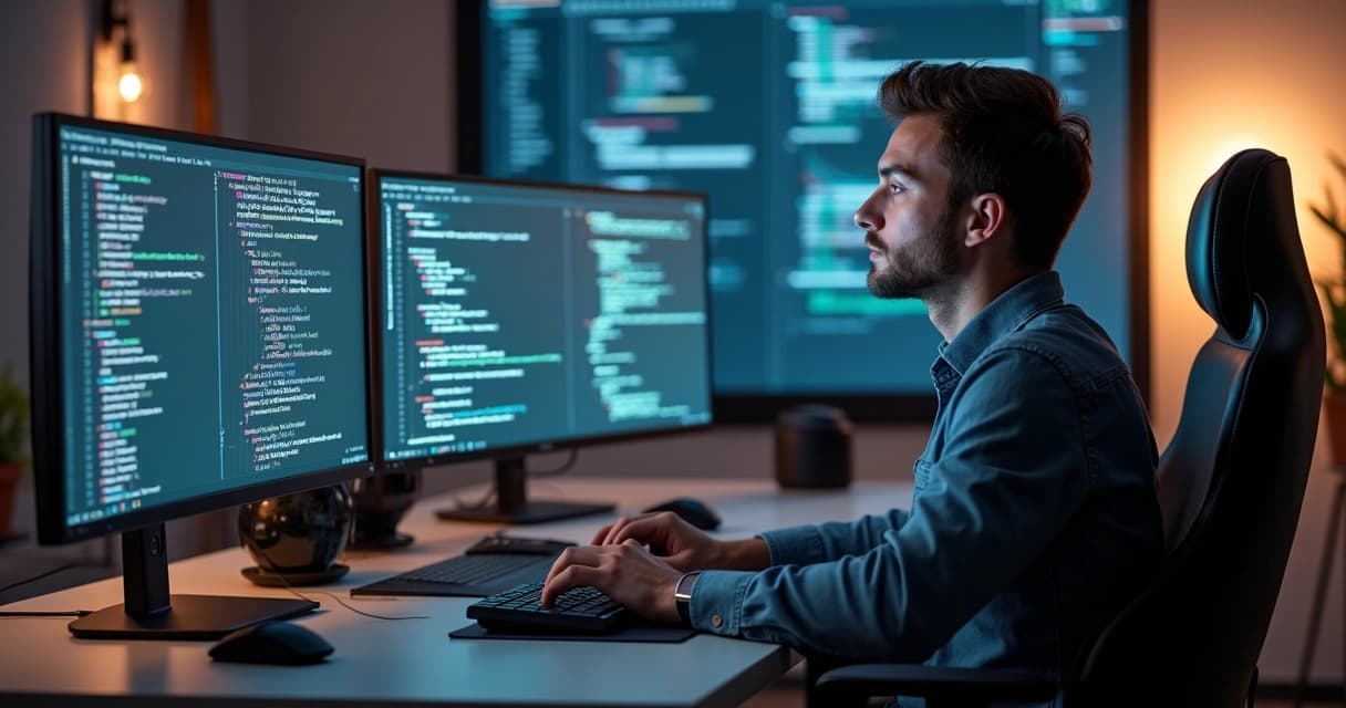 Backend developer working on code with multiple monitors showing programming and cloud architecture diagrams