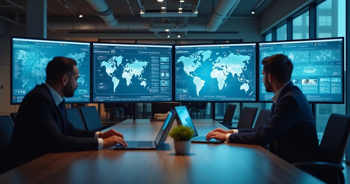 Business team collaborating with AI technology on digital screens in a modern office