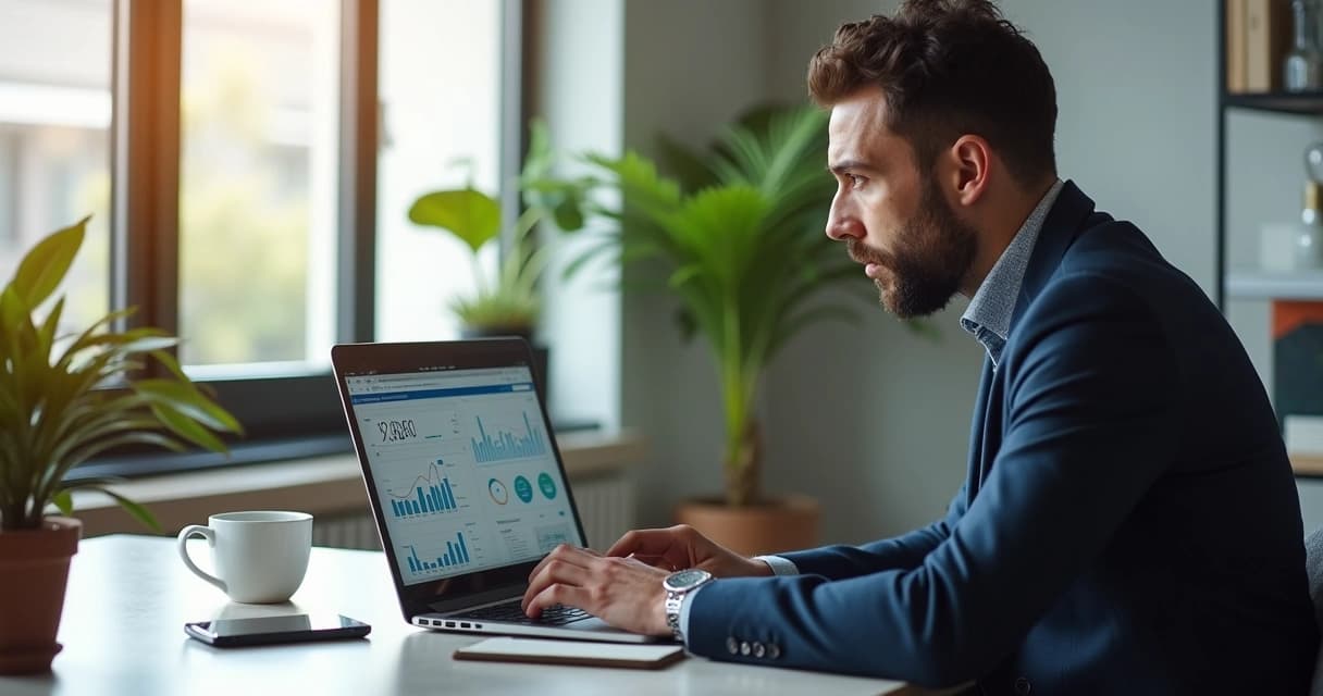 Small business owner working on laptop optimizing local SEO with digital marketing graphs on screen