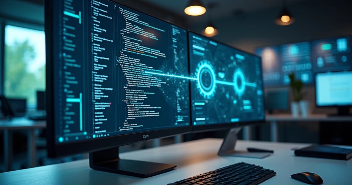 Close-up of a sleek computer screen displaying code and API connection diagrams in a modern office with glowing data streams