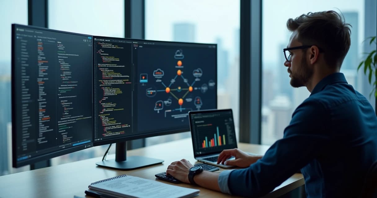 Developer working on a Laravel application dashboard with code and architecture diagrams on screen