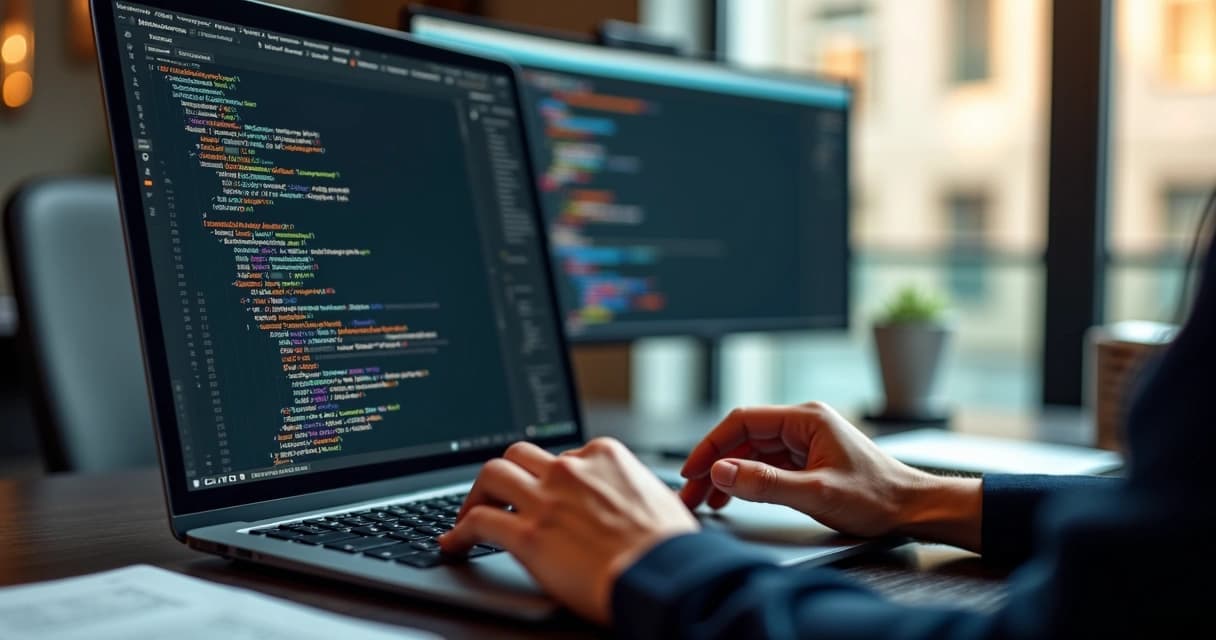 Developer testing website accessibility features on a laptop in a stylish modern workspace