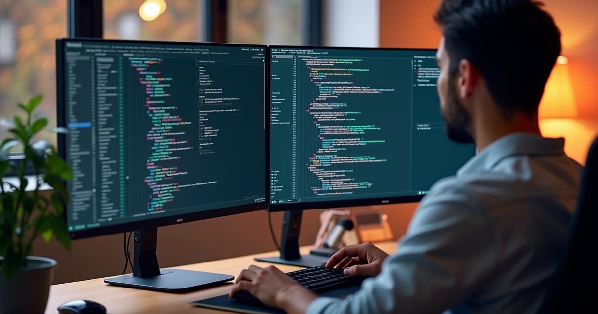 Software developer coding Laravel and Vue.js on a high-end workstation with dual monitors