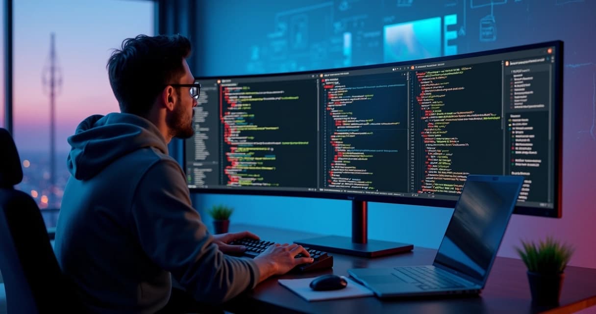 Senior developer refactoring legacy Laravel code on multiple monitors in a modern office