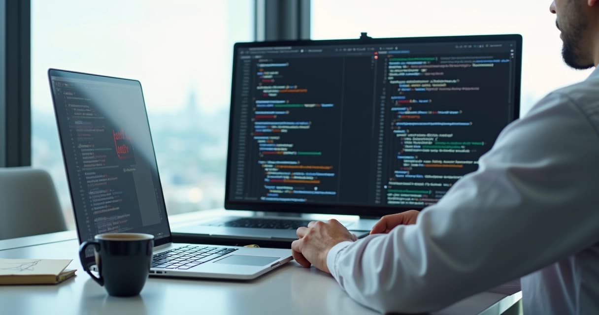 Senior developer refactoring legacy PHP code into a modern Laravel project on a laptop
