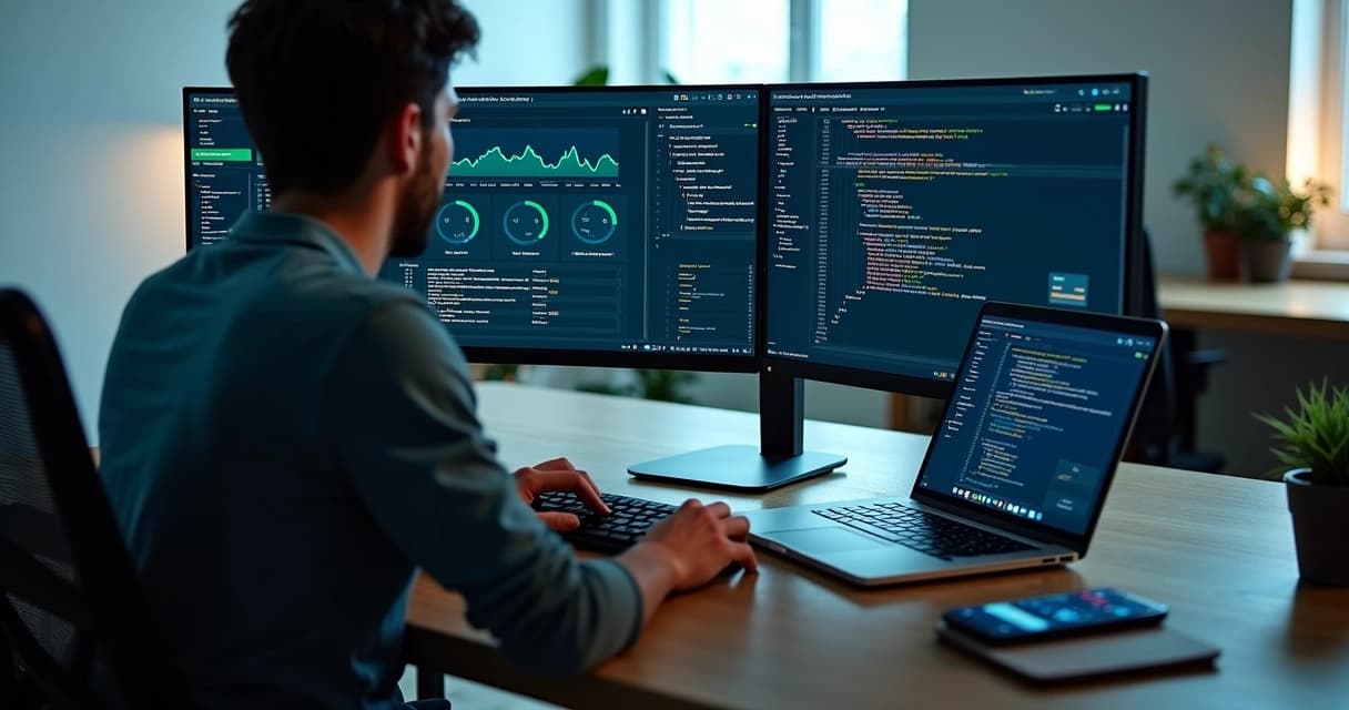 Developer analyzing website speed optimization metrics on multiple monitors