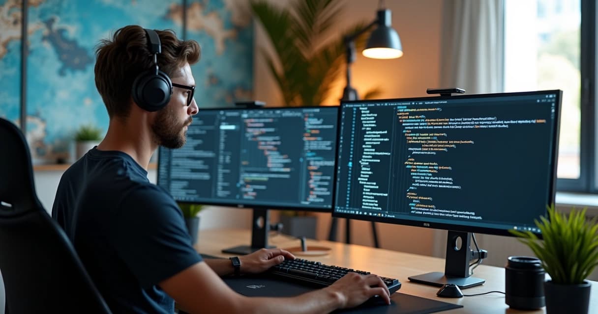 Senior developer writing Laravel PHP code on multiple monitors in a modern workspace