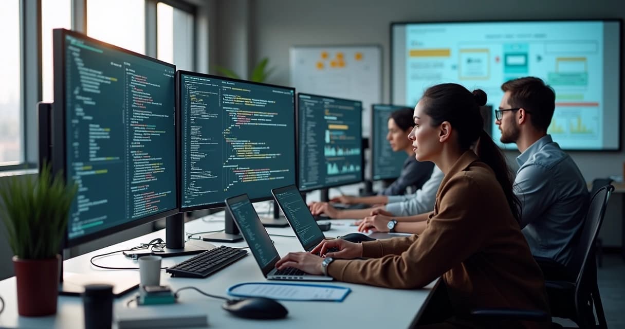 Developers and IT professionals collaborating over dual monitors showing code and infrastructure dashboards