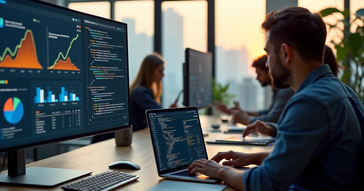 Software engineers collaborating around a laptop with DevOps workflows on screen