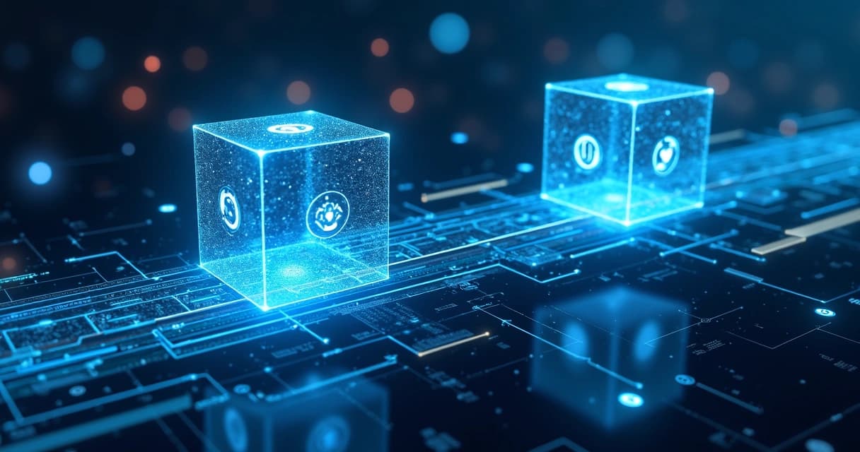 Close-up of a digital 3D bridge made of glowing blue data streams connecting two abstract software systems