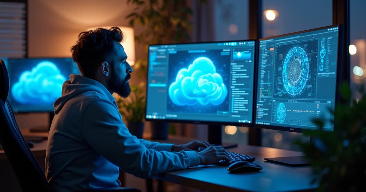 Modern workspace with a digital transformation engineer analyzing cloud computing and AI data on multiple high-resolution monitors