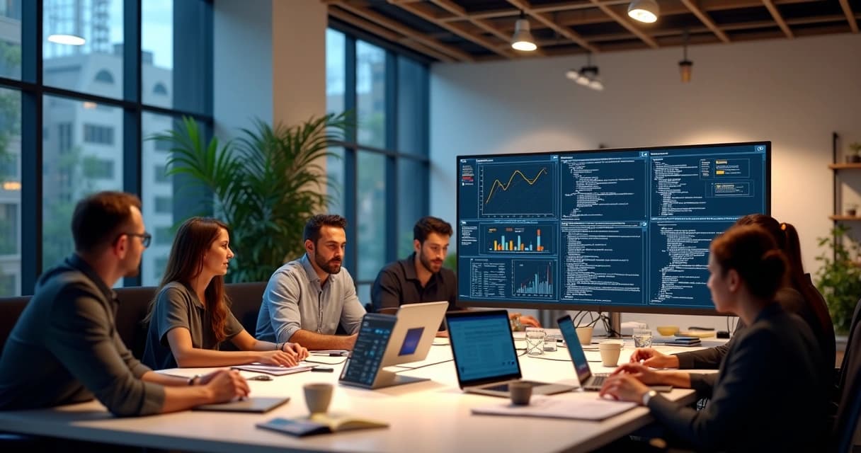 Modern office workspace with diverse team collaborating around laptops and large monitors displaying code and architecture diagrams