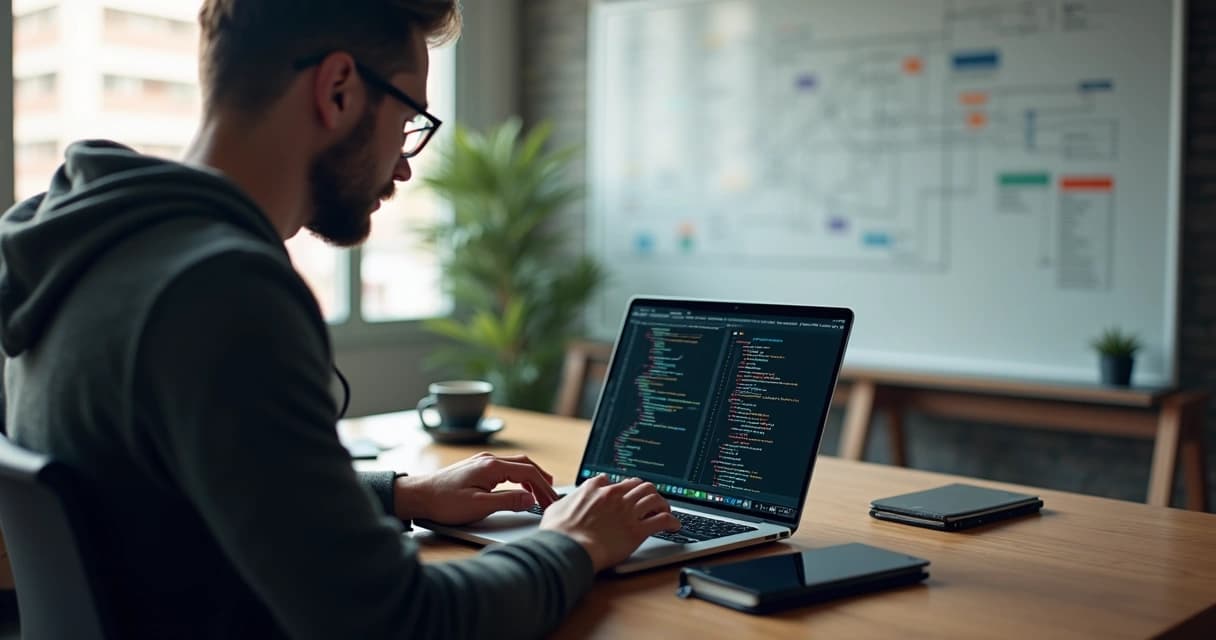 Freelance developer coding Laravel application on laptop with code visible on screen