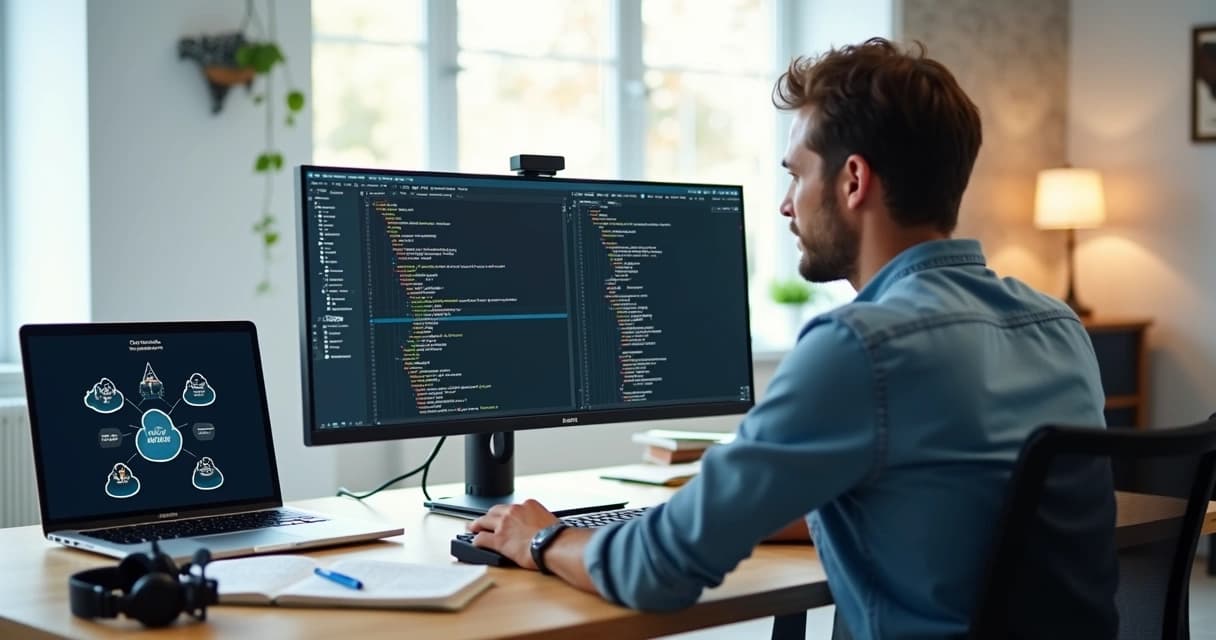 Senior freelance software developer having a video call with a business owner while coding