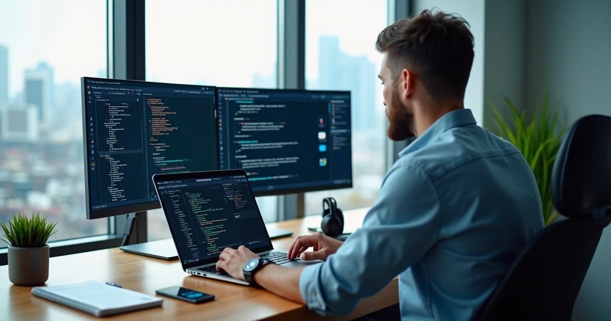 Freelance software developer coding remotely with client collaboration on screen