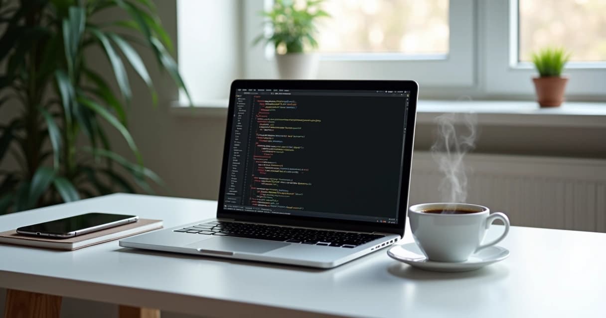 Modern workspace with laptop, code on screen, and coffee cup on desk
