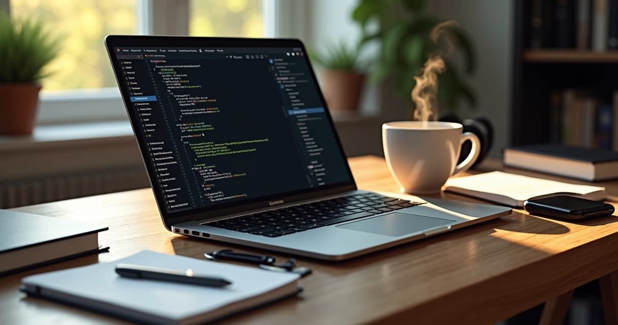 Modern workspace with laptop showing coding screen, coffee cup, and smartphone on wooden desk