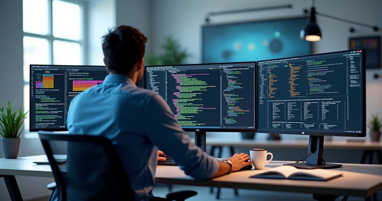 Developer working on multiple screens showing frontend, backend code and cloud architecture