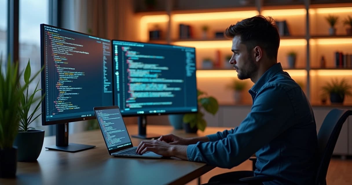 Full stack developer coding on laptop with dual monitors showing code and cloud diagrams