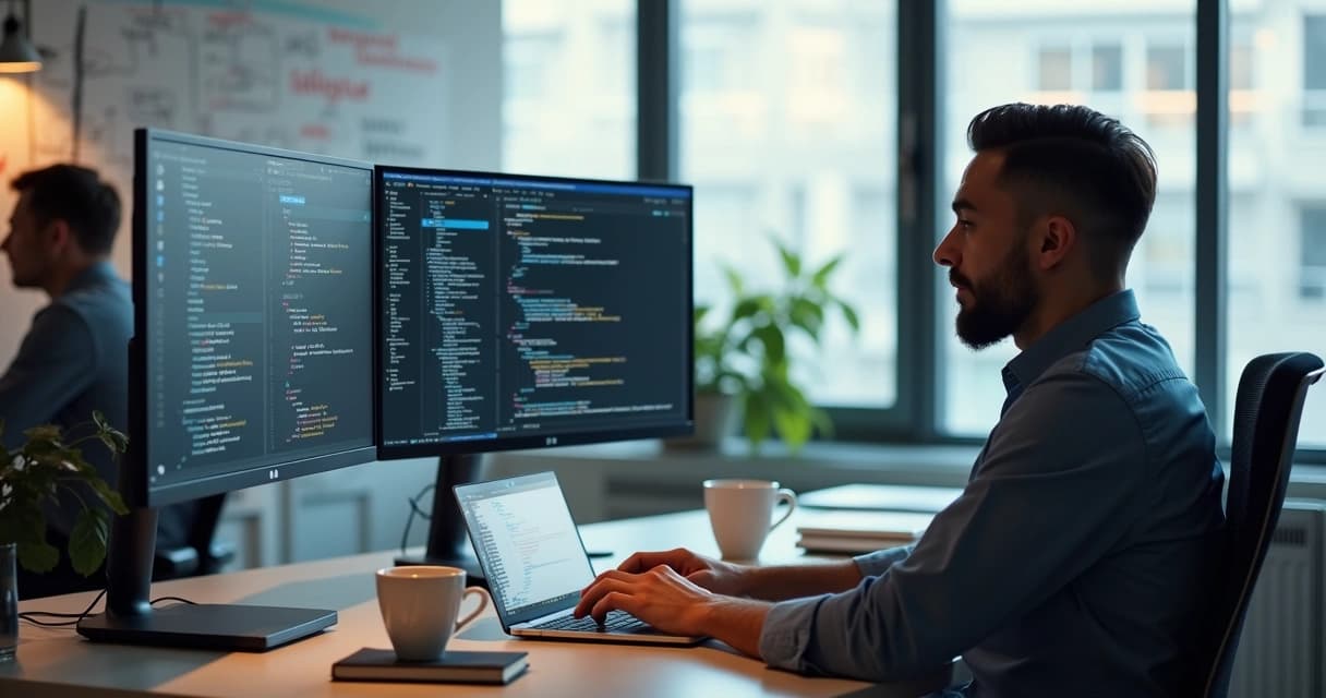 Two developers coding in a shared modern workspace with laptops and multiple screens showing PHP and JavaScript code