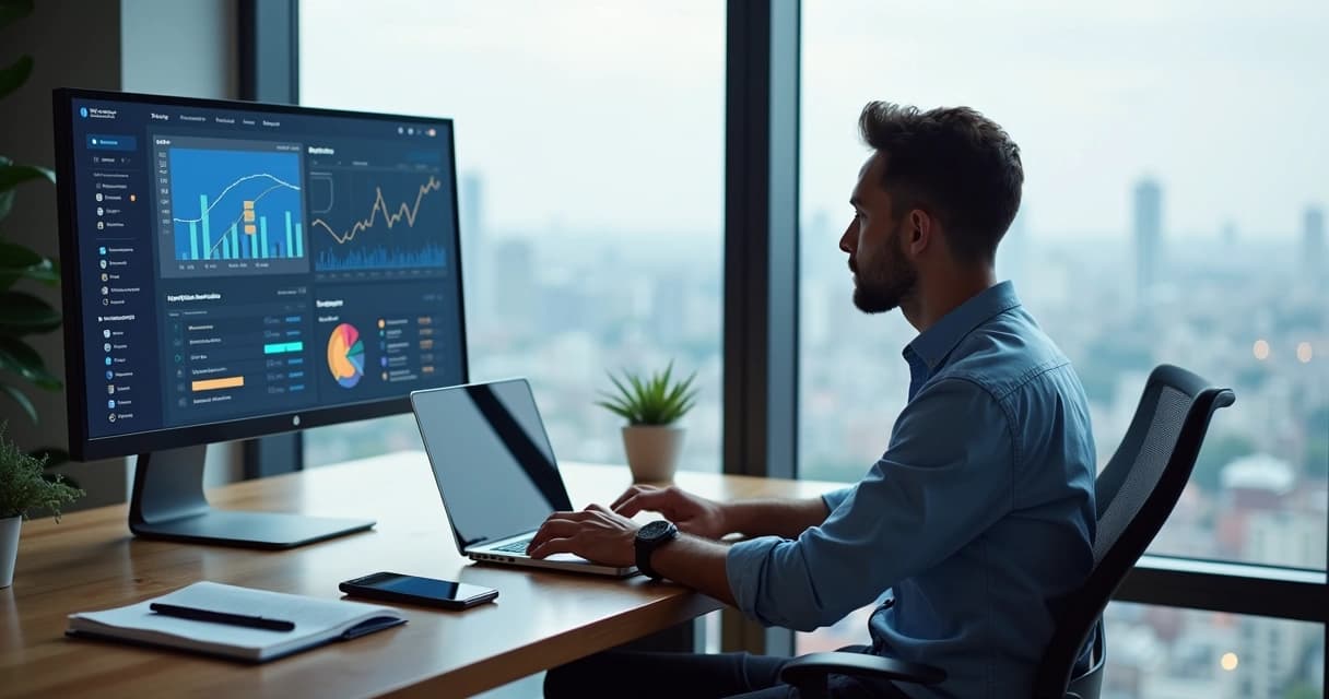 Freelance developer designing a high-converting landing page on a laptop with analytics on screen