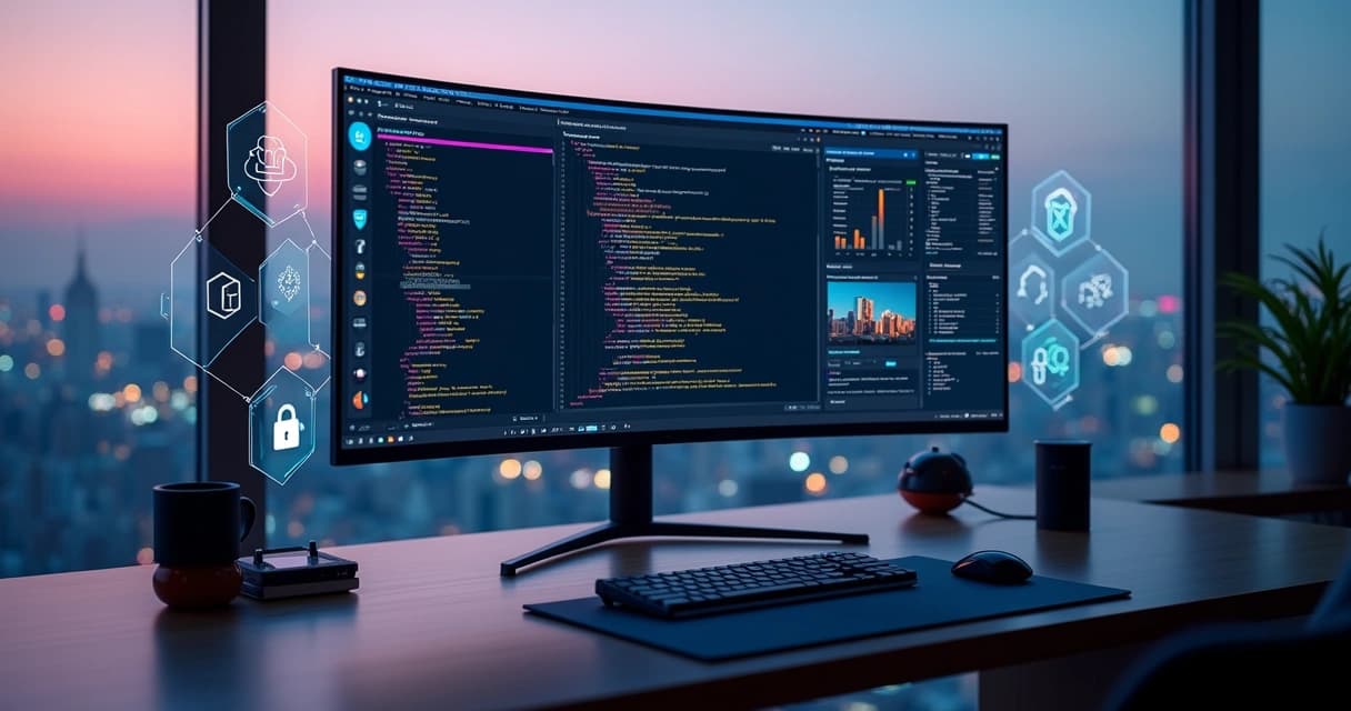 Developer dashboard with Laravel code, cloud infrastructure and analytics charts