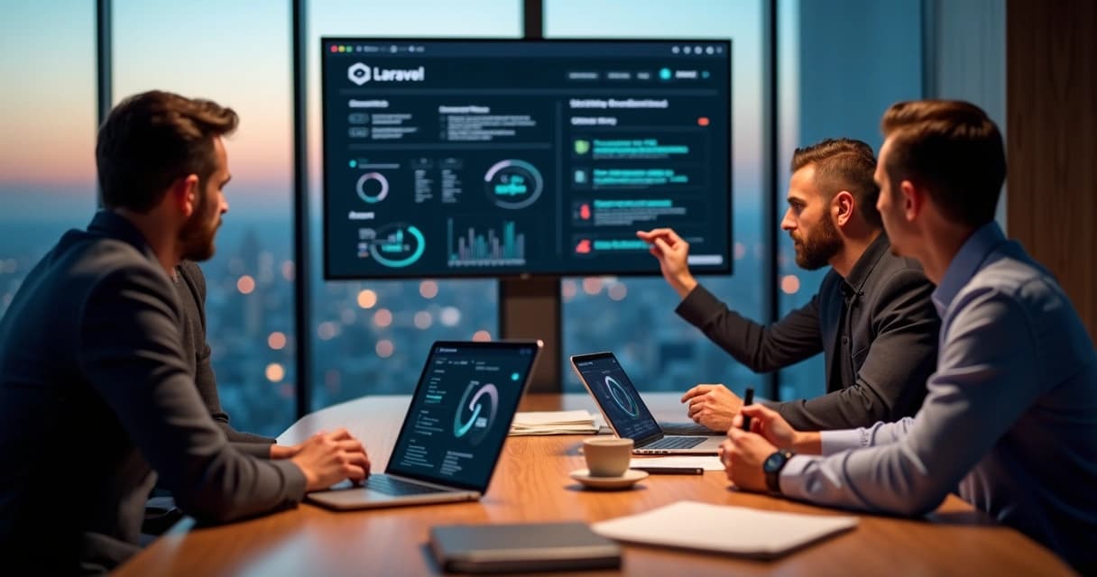 Freelance Laravel developer presenting solutions to a business team in a modern office