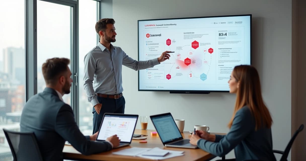 Senior Laravel consultant presenting strategy to clients in modern office