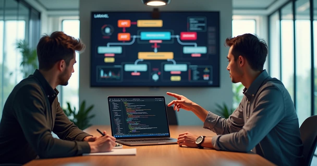 Senior developer consulting a client while designing scalable Laravel architecture on a laptop