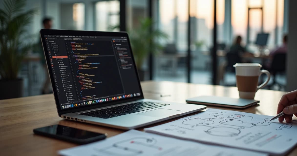 Senior developer planning Laravel web application architecture on laptop