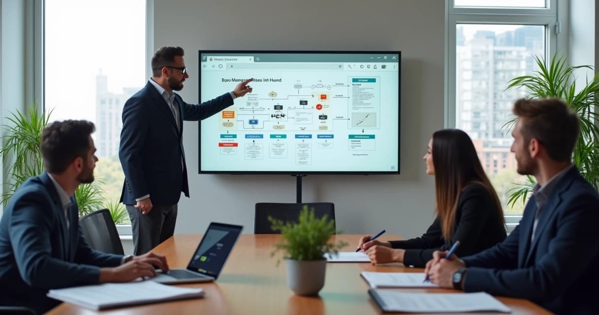 Senior Laravel developer presenting scalable web app architecture on screen in modern US office