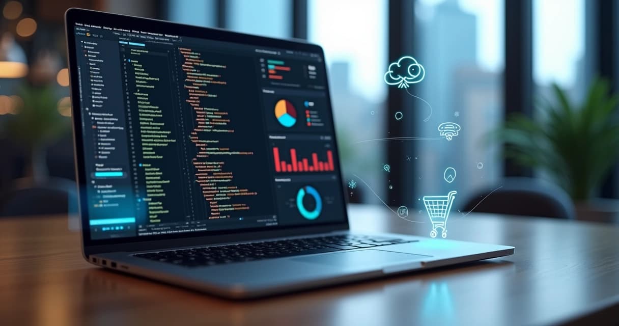 Developer coding Laravel web app with dashboards and cloud integrations