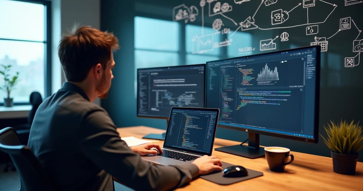Freelance Laravel developer presenting secure scalable web app dashboard on laptop