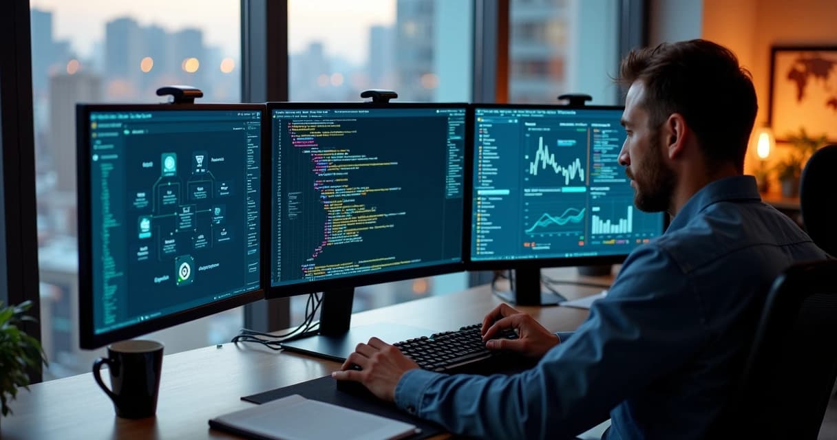Senior developer architecting scalable Laravel app on multiple screens with cloud and security visuals