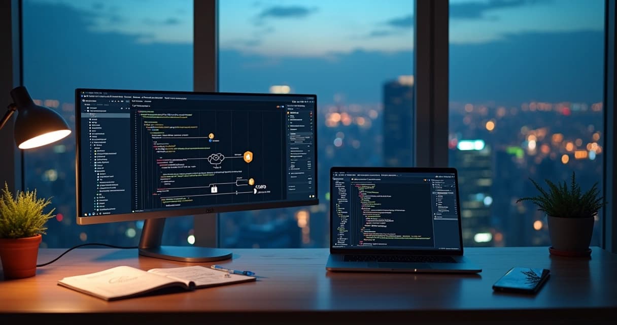 Senior engineer reviewing Laravel app architecture dashboard on multiple screens