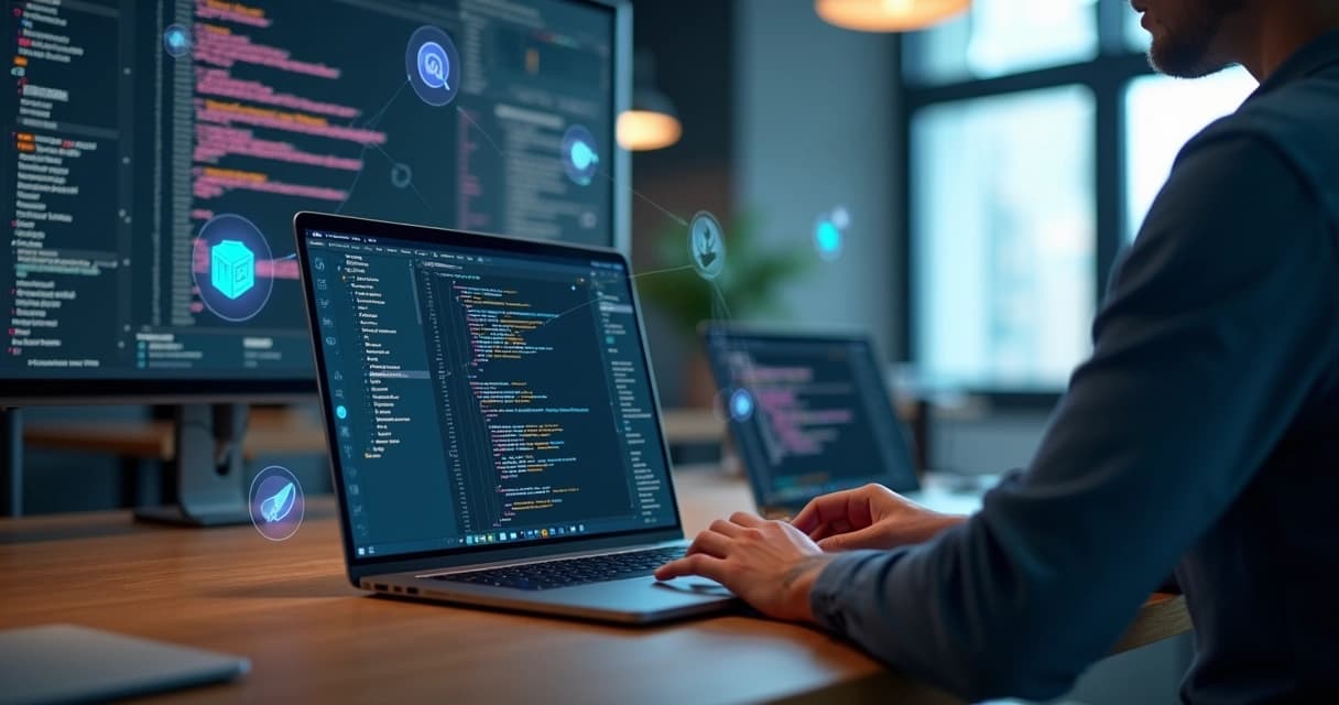 Senior developer designing a modern Laravel web application on a laptop with cloud and AI icons around