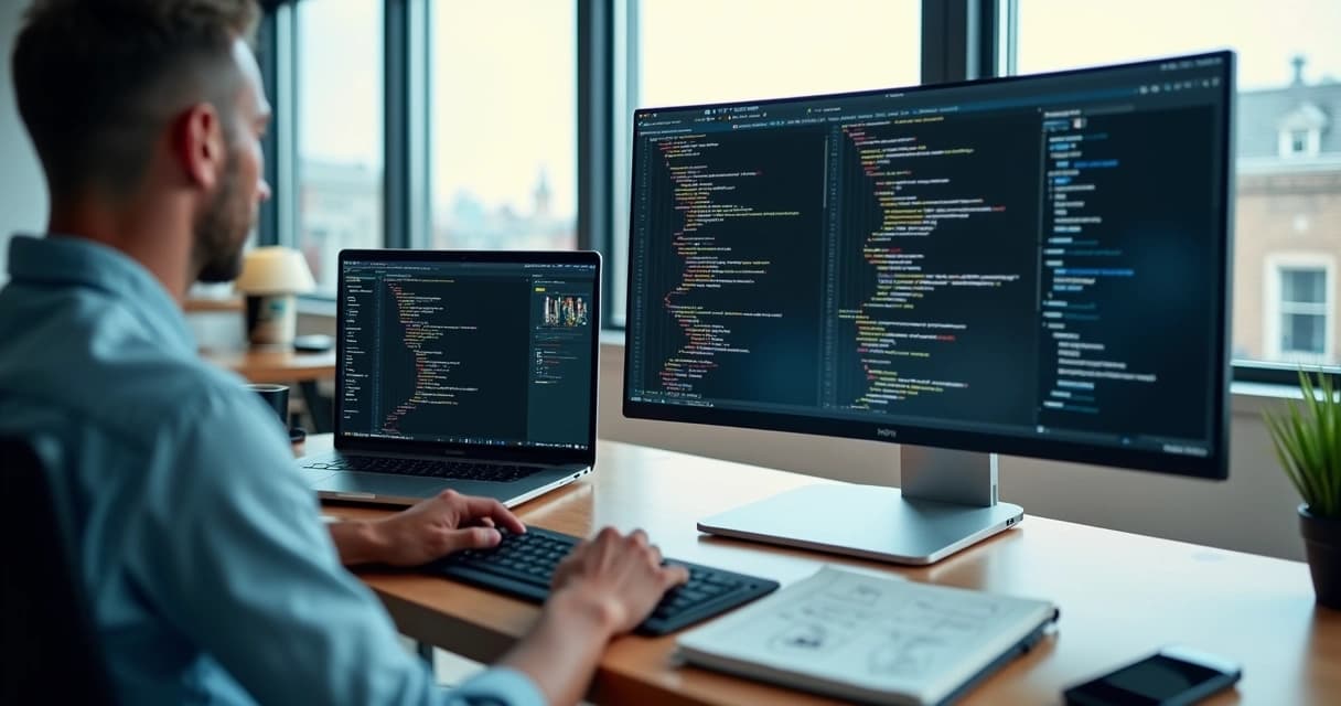 Senior Laravel web developer coding on laptop in modern remote workspace