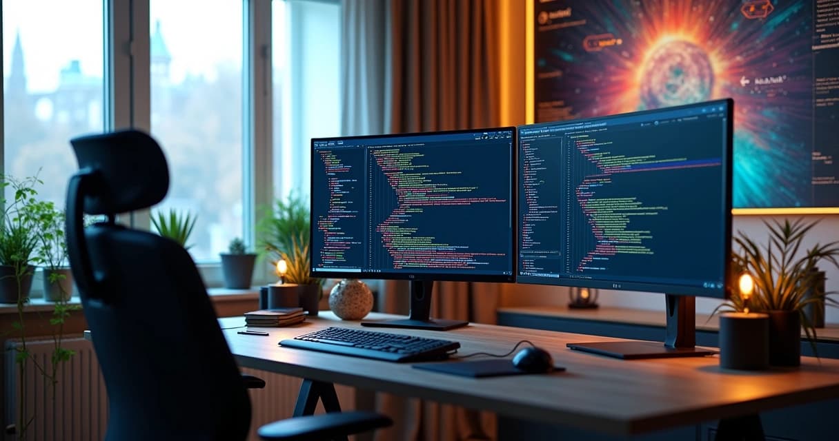 Ultra-detailed modern workspace with multiple large monitors showing frontend code and design mockups