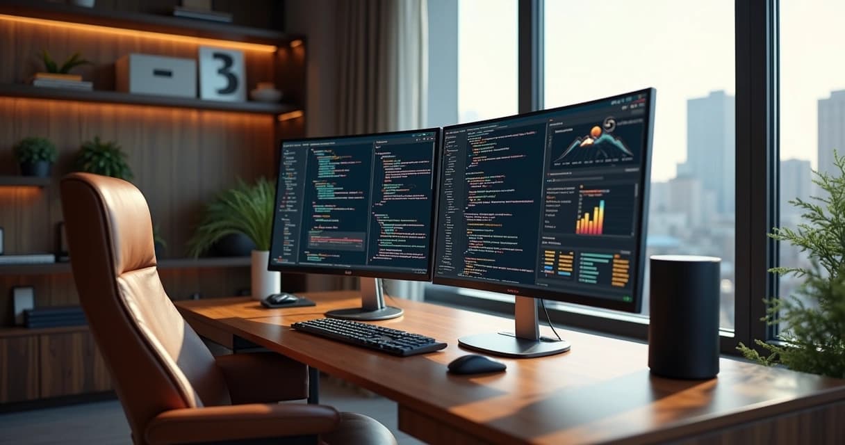 Luxury modern home office setup with dual monitors and coding on screen