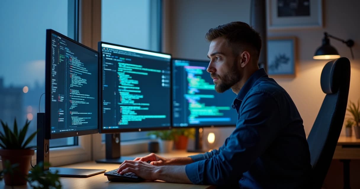 Luxury modern office with a senior web developer working on dual monitors displaying code and cloud architecture diagrams