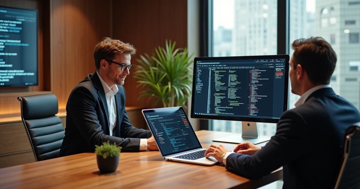 Elegant office meeting with web developer and client discussing project on laptop and tablet