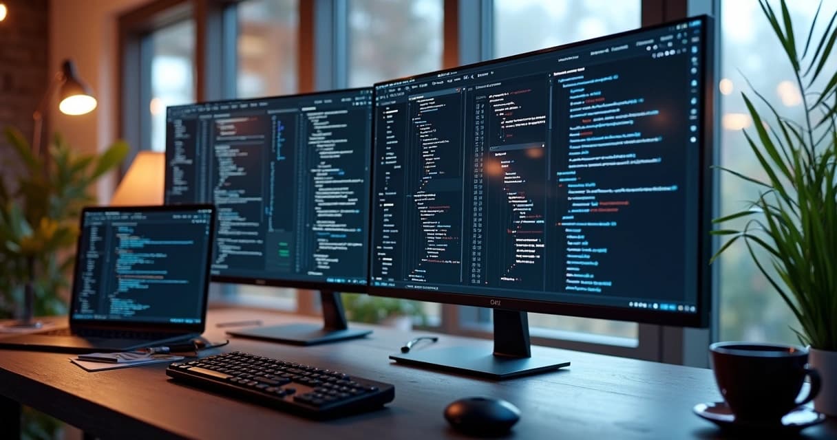 High-tech workspace with multiple screens showing ecommerce website design and coding