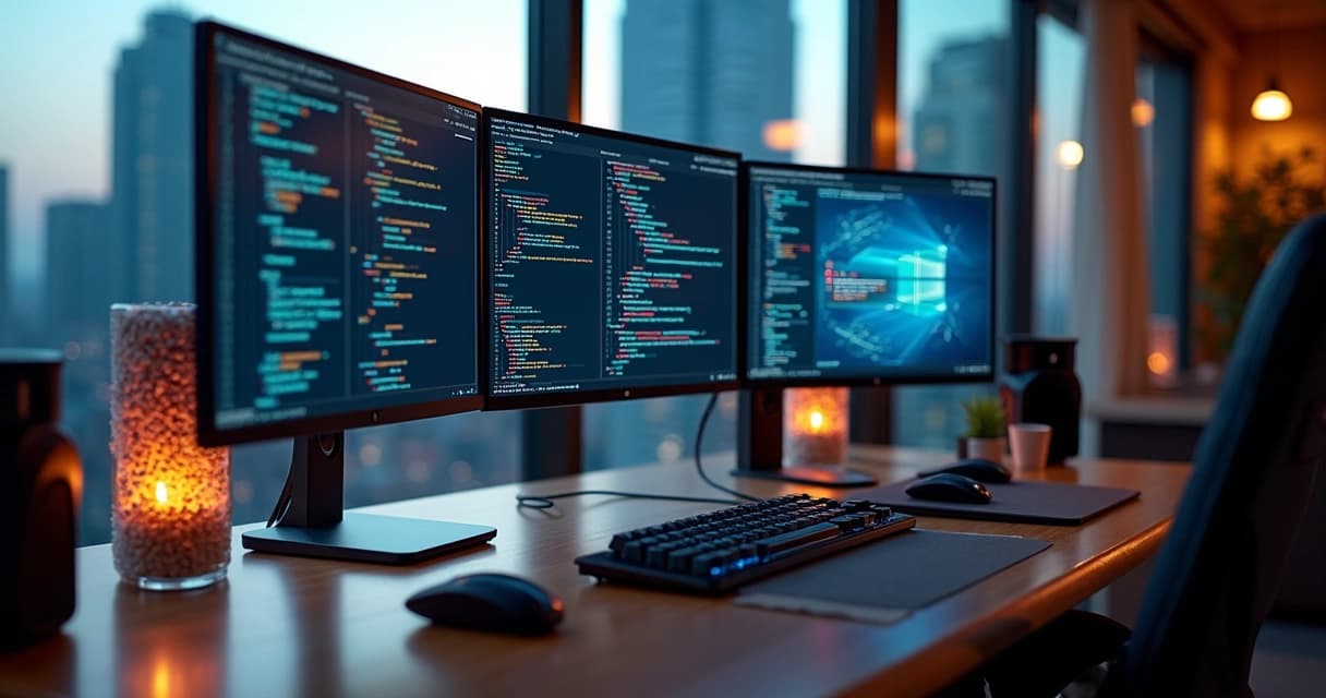 Modern workspace with multiple screens showing Laravel code and cloud architecture diagrams