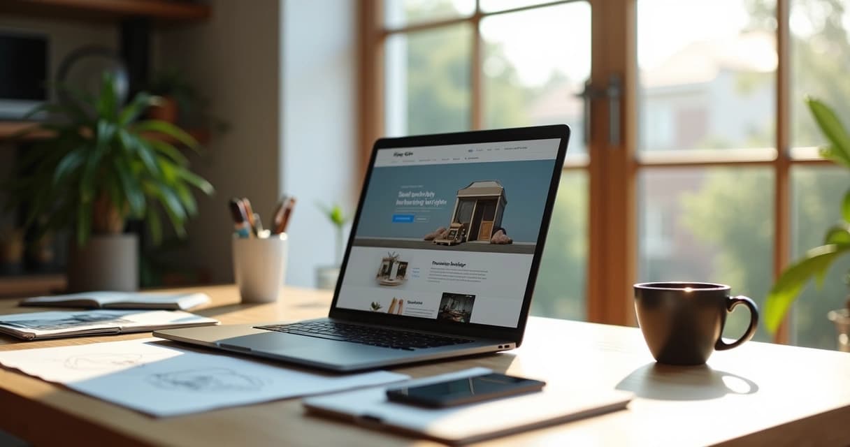 Workspace with laptop displaying a small business website design interface
