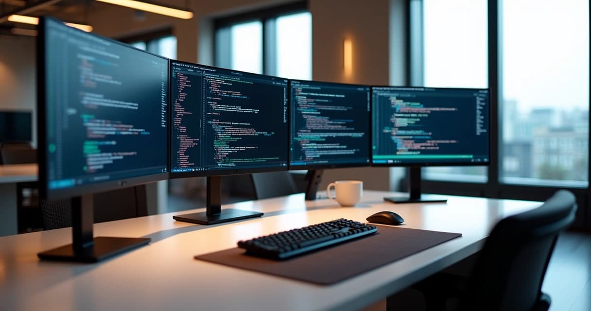 High-tech workspace with multiple monitors displaying code and cloud architecture diagrams