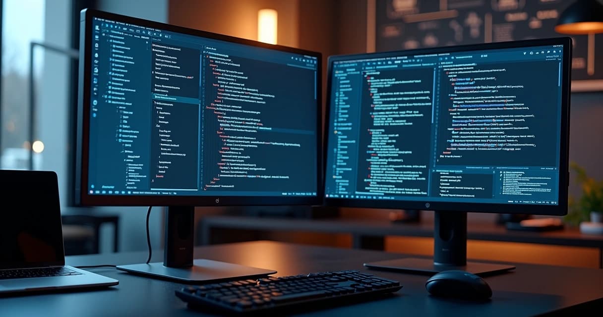 Ultra-detailed modern software development workspace with multiple screens showing Laravel backend code and React frontend UI
