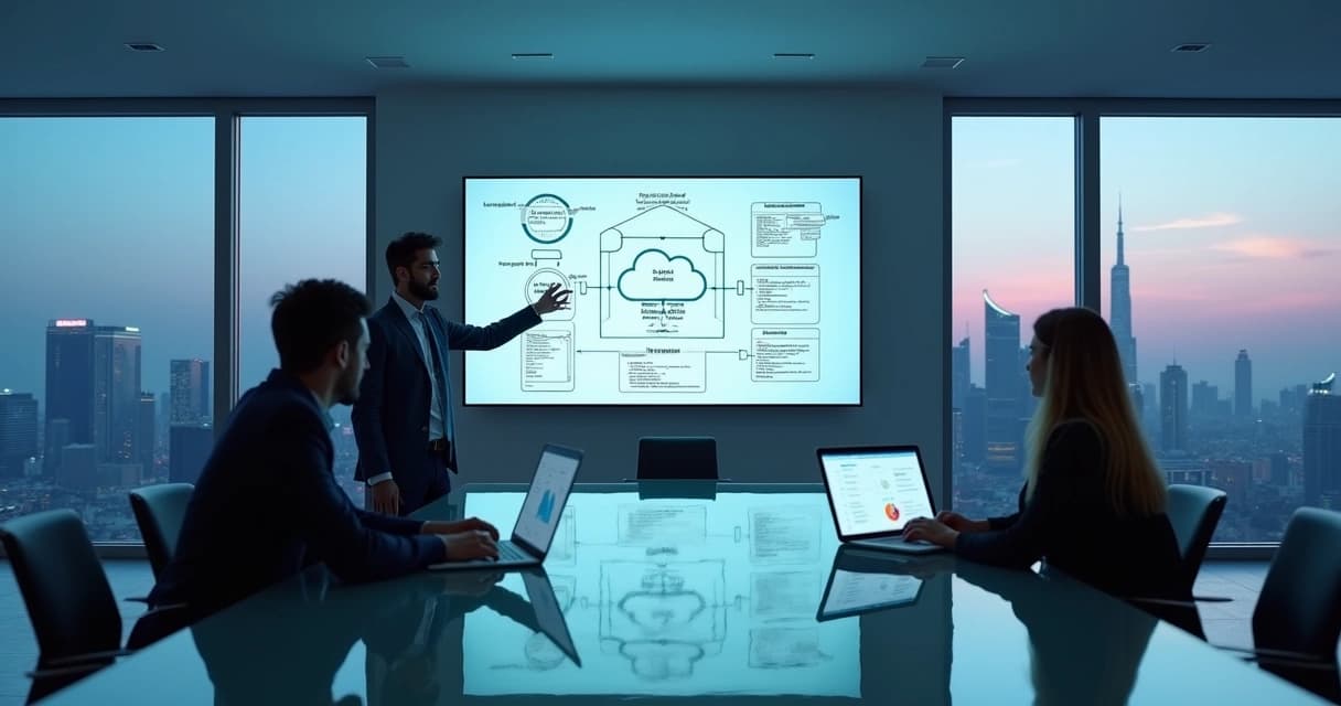Senior software engineer presenting software architecture to clients in a modern workspace