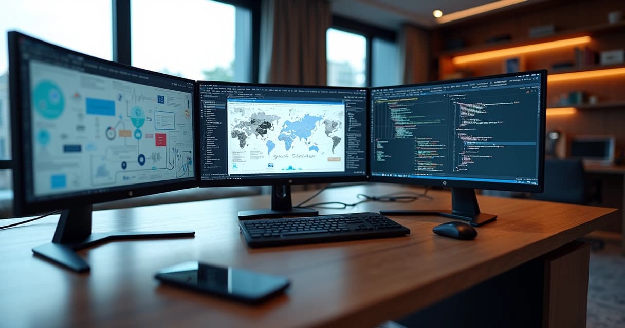 High-tech workspace with multiple screens showing custom web application development diagrams and code